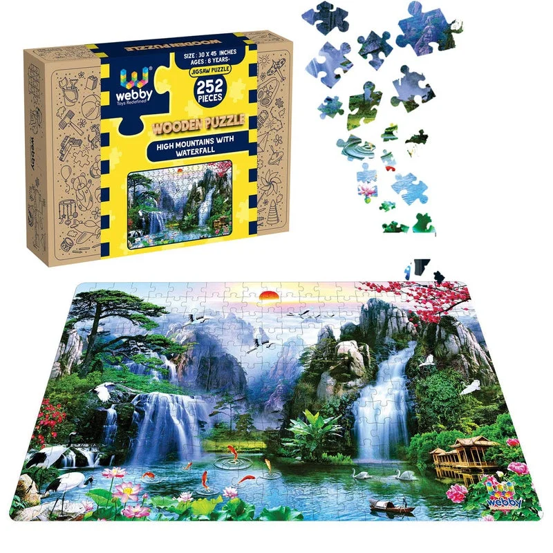 Wooden Puzzle for kid spaces-High Mountains with Waterfall Wooden Jigsaw Puzzle, 252 Pieces