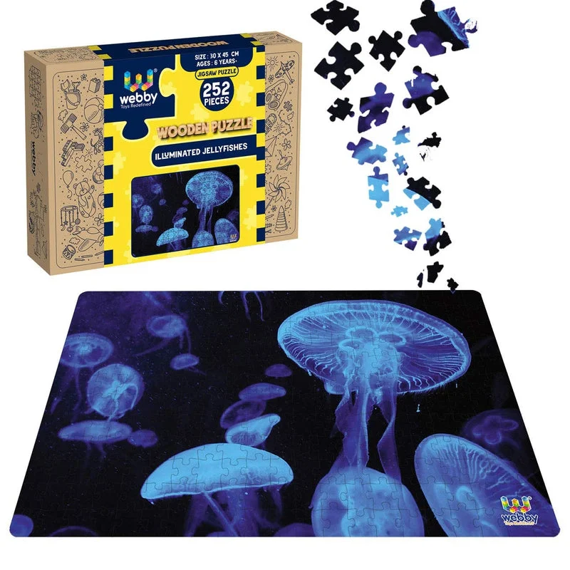 Wooden Puzzle for rest calm-Illuminated Jellyfishes Wooden Jigsaw Puzzle, 252 Pieces