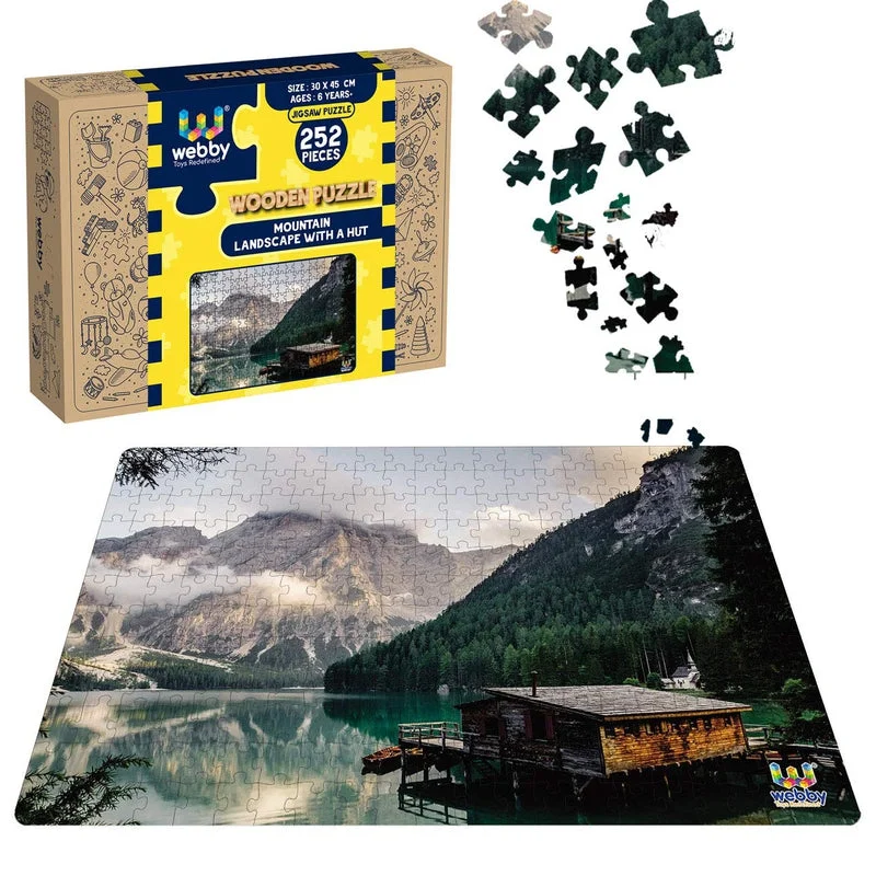 Wooden Puzzle for rest areas-Mountain Landscape with A Hut Wooden Jigsaw Puzzle, 252 Pieces