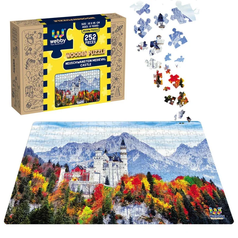 Wooden Puzzle for chill zones-Neuschwanstein Medieval Castle Wooden Jigsaw Puzzle, 252 Pieces