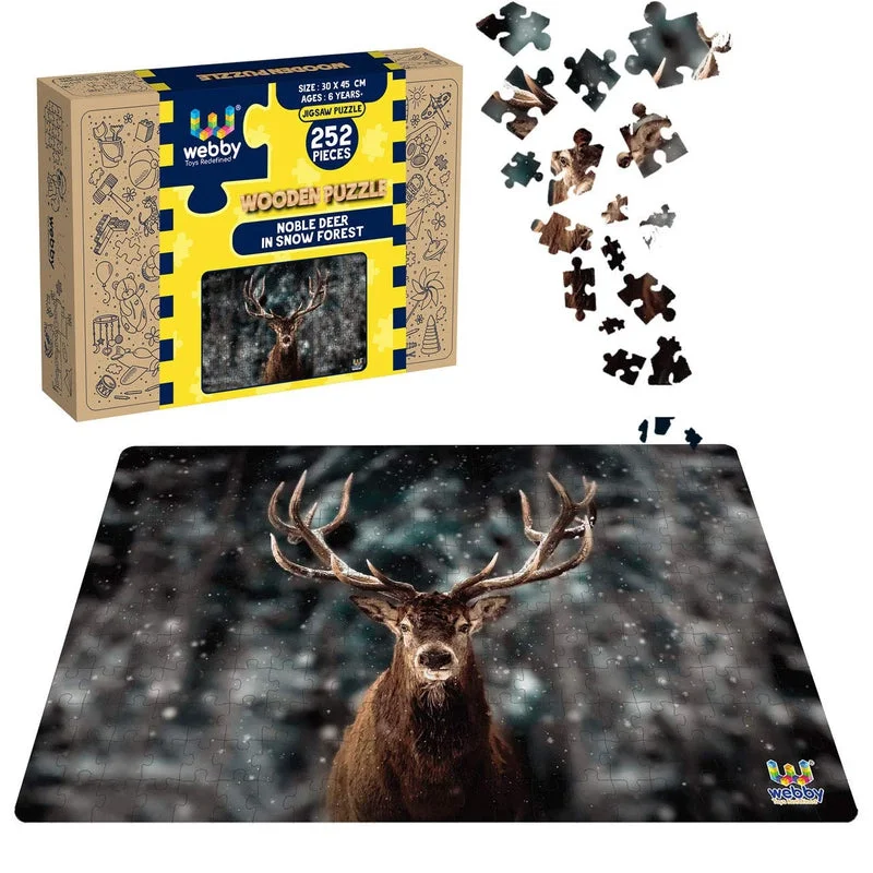 Wooden Puzzle for meal times-Noble Deer In Snow Forest Wooden Jigsaw Puzzle, 252 Pieces