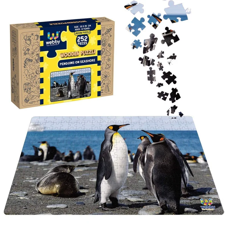 Wooden Puzzle for garden calm-Penguins On Seashore Wooden Jigsaw Puzzle, 252 Pieces