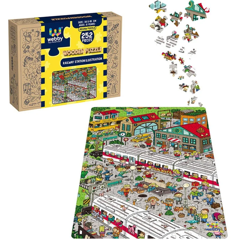 Wooden Puzzle for picnic joy-Railway Station Illustration Wooden Jigsaw Puzzle, 252 Pieces