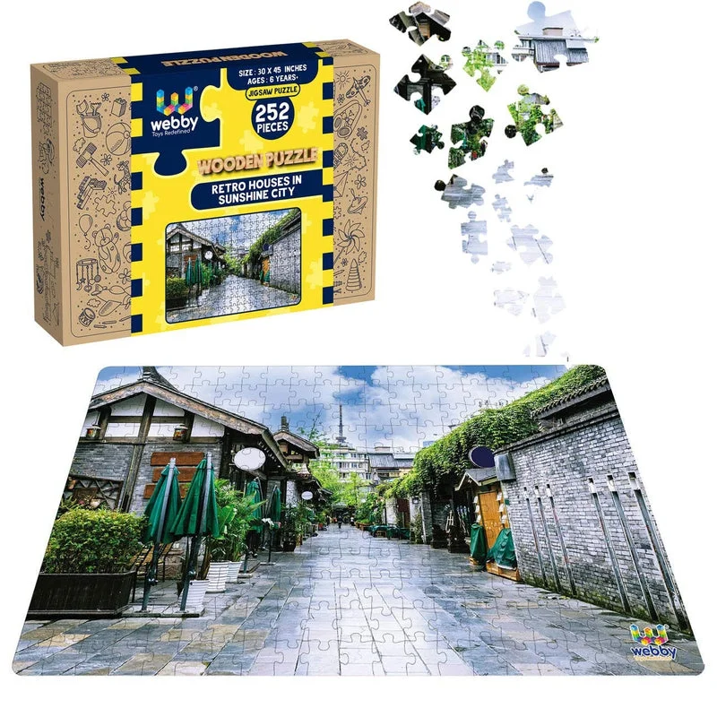 Wooden Puzzle for camp vibes-Retro Houses In Sunshine City Wooden Jigsaw Puzzle, 252 Pieces