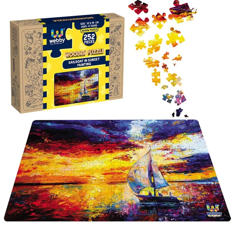 Wooden Puzzle for flight fun-Sailboat In Sunset Painting Wooden Jigsaw Puzzle, 252 Pieces