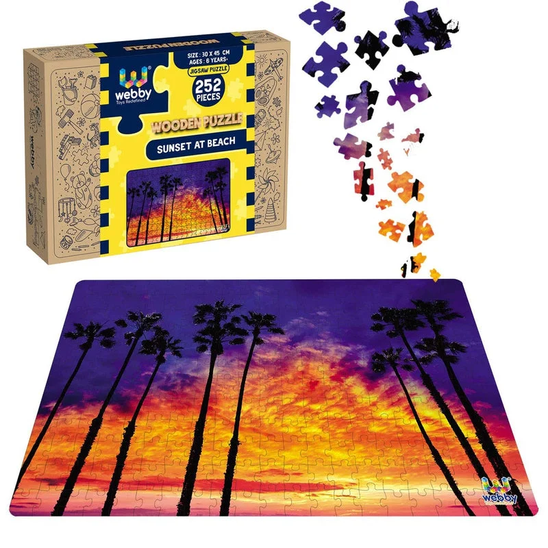 Wooden Puzzle for leafy scenes-Sunset At Beach Wooden Jigsaw Puzzle, 252 Pieces