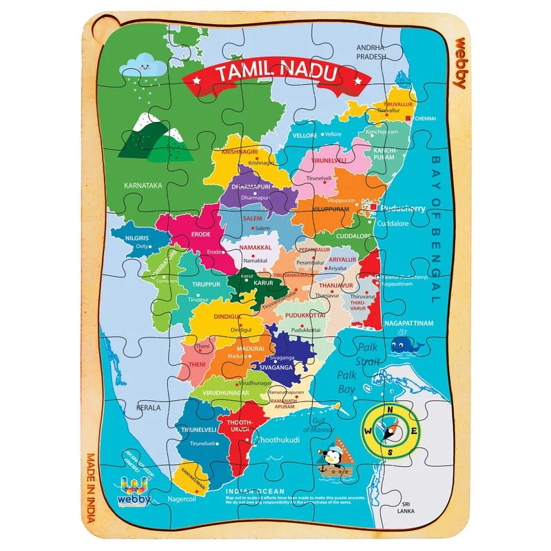 Wooden Puzzle for pupil fun-Tamil Nadu Map Wooden Jigsaw Puzzle, 40pcs