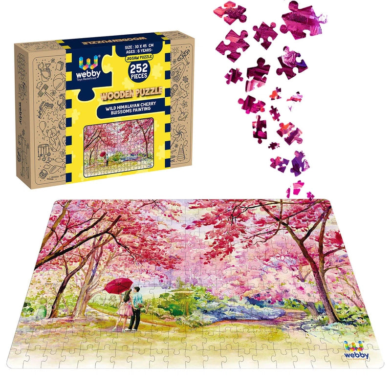 Wooden Puzzle for camp calm-Wild Himalayan Cherry Blossoms Painting Wooden Jigsaw Puzzle, 252 Pieces