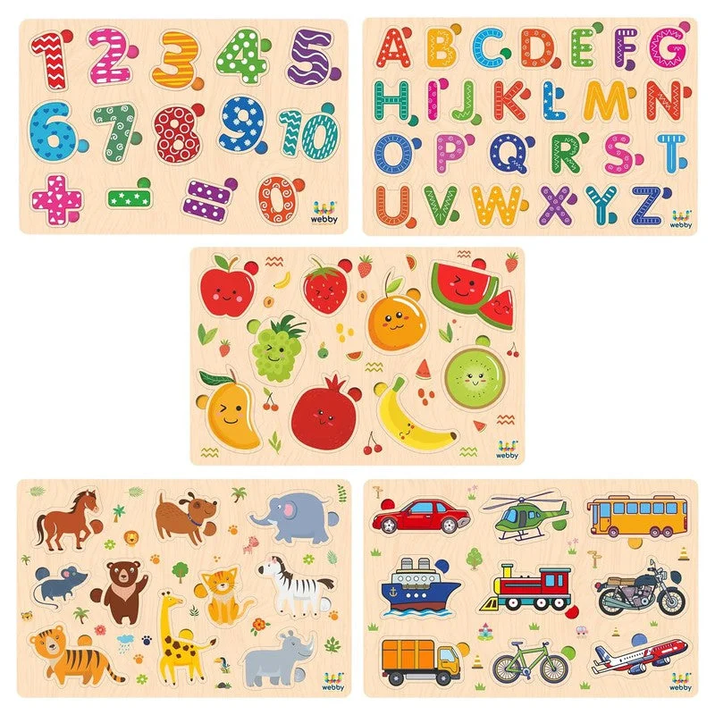 Digital Plaything for memory boost-Wooden Educational Colorful Alphabets, Counting Numbers, Fruits, Animals, and Public Transport Puzzle for Preschool Kids - Set of 5