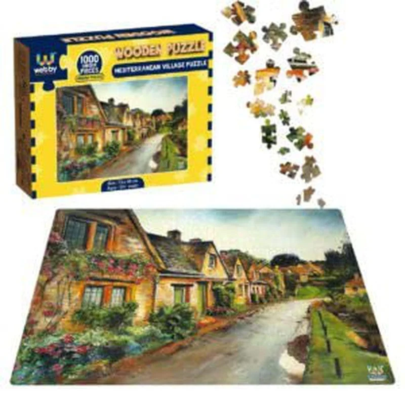 Wooden Puzzle for child spaces-Wooden Mediterranean Village Jigsaw Puzzle, 1000 Pieces, Multicolor