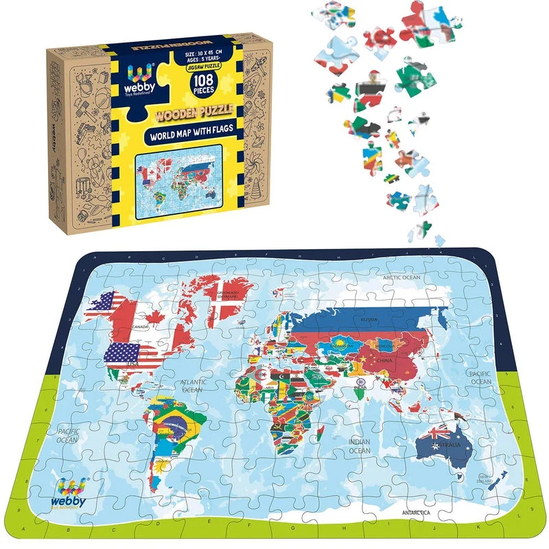 Wooden Puzzle for ride breaks-World Map With Flags Wooden Jigsaw Puzzle, 108 Pieces