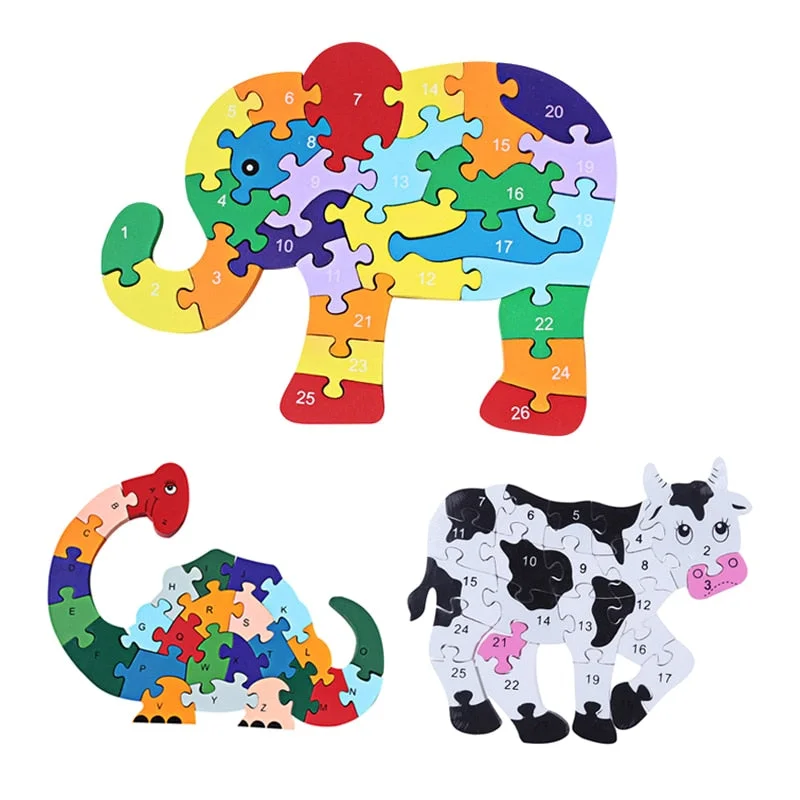 Digital Plaything for social skills-Wooden 3D Jigsaw Educational Toys Animals Elephant Cow Dinosaur Puzzle Wood Toys Kids Numbers Alphabetic Letters Learning Toys