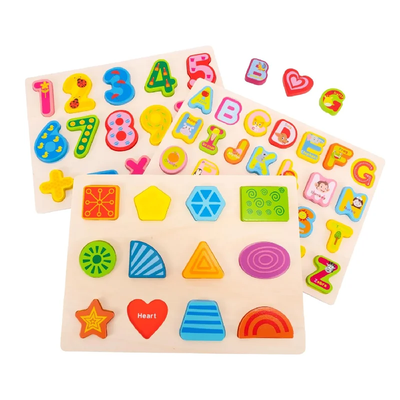 Digital Plaything for school projects-Wooden Alphabet Number Shape Learning Puzzles For Toddlers, 3 In 1 Abc Lett