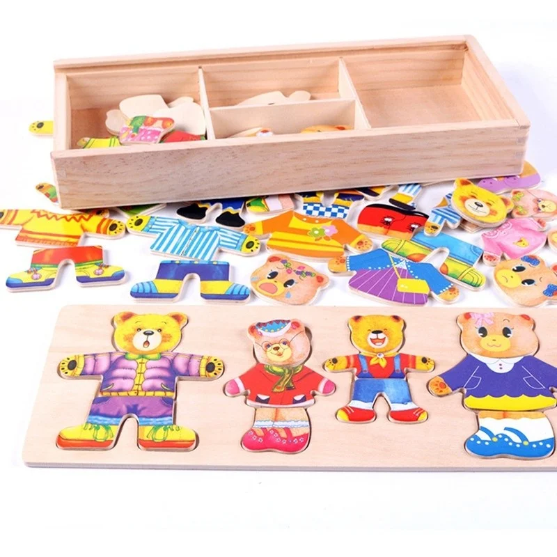 Wooden Puzzle for chill zones-Wooden Baby Bear Children Change The Clothes Boy Baby Puzzle Jigsaw Puzzle Building Block