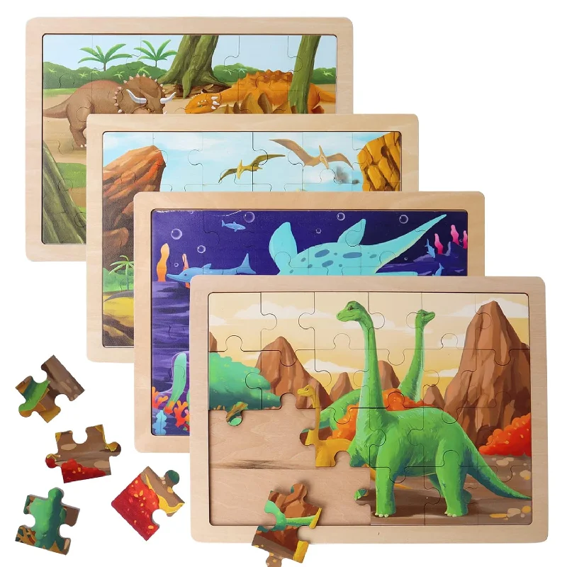 Wooden Puzzle for warm days-Wooden Dinosaur Puzzles For Kids Ages 3 5.4 Packs 24 Pcs Jigsaw Puzzles Pre