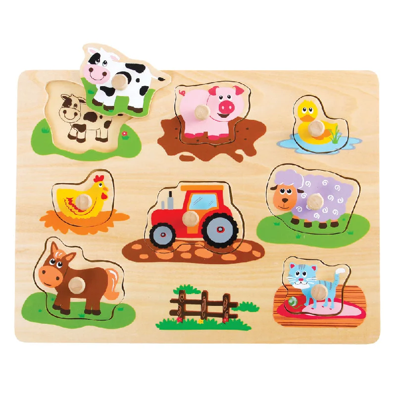 Wooden Puzzle for slithery shapes-Wooden Farm Animals Peg Puzzle