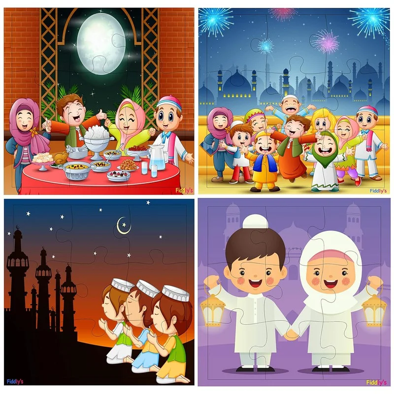 Wooden Puzzle for leafy art-Wooden Jigsaw Puzzle - 9 Pieces (Eid Festival - Pack of 4)