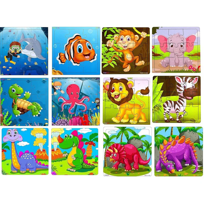 Wooden Puzzle for garden games-Wooden Jigsaw Puzzle - 9 Pieces (Pack of 12 - Animals+Dinos+Sea)