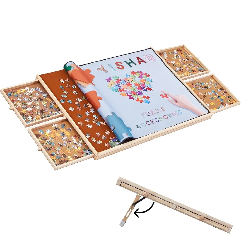 Wooden Puzzle for festive gifts-Wooden Jigsaw Puzzle Board Table For 1000 Pieces With Drawers And Cover, Adjus