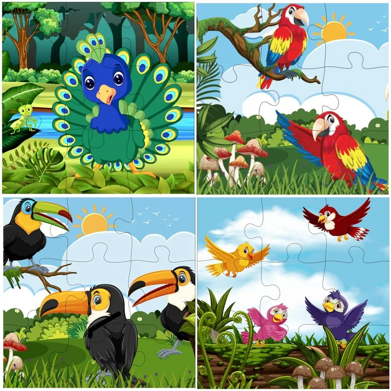 Wooden Puzzle for fish tales-Wooden Jigsaw Puzzles - 9 Pieces (Birds) (Pack of 4)