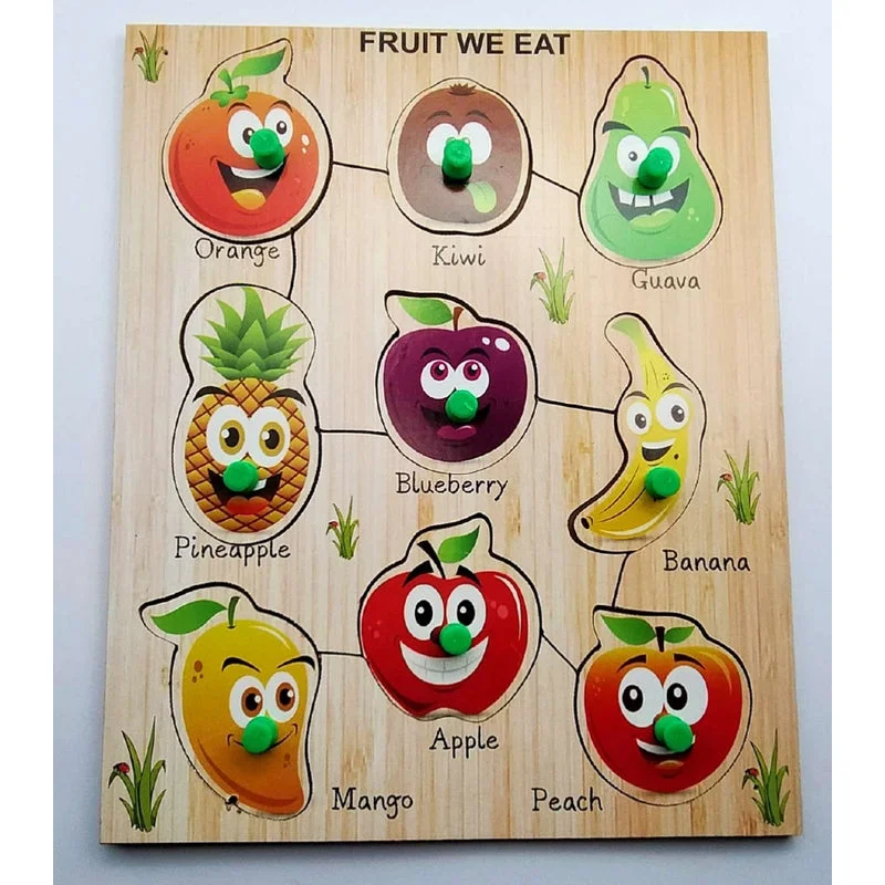 Wooden Puzzle for merry play-Wooden Jigsaw Puzzles Pre-school Early Learning Toy for Kids Toddlers Multicolor Fruits Name With Shapes Design-2 Educational Games