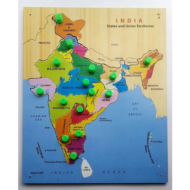 Wooden Puzzle for harvest joy-Wooden Jigsaw Puzzles Toy Early Learning Shapes for Above 3 Years Kids Toddlers Multicolor India Map Design Educational Games