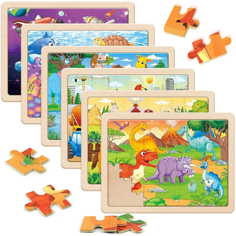 Wooden Puzzle for wild trails-Wooden Puzzles For Kids Ages 4 6, 6 Packs 60 Pcs Jigsaw Puzzles Preschool E