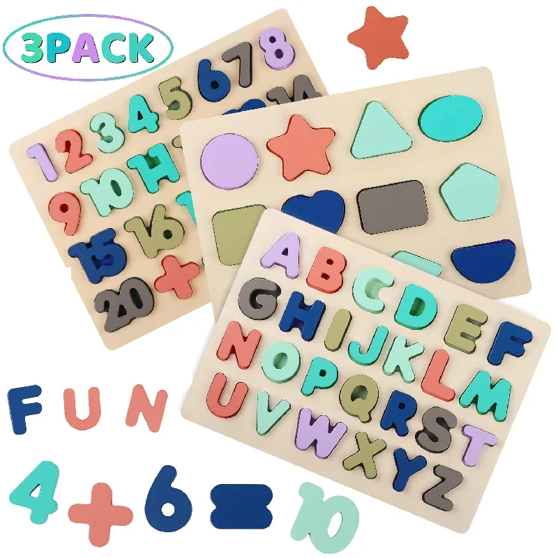 Digital Plaything for rainy afternoons-Wooden Alphabet Number Shape Learning Montessori Puzzle