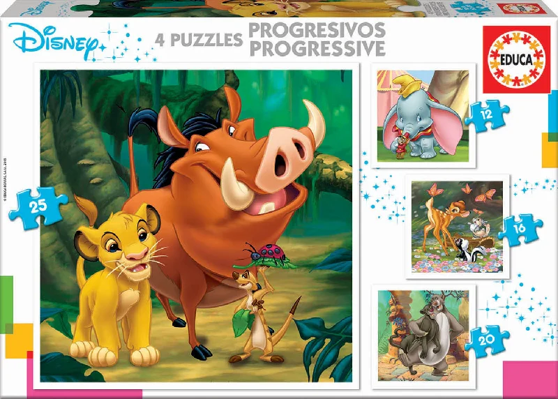 Interactive Books for everyday life-Educa Puzzles - Progressive Puzzless Disney Animals Dumbo+Bambi+Lion King+Jungle Book) - Suitable for 3 years and above