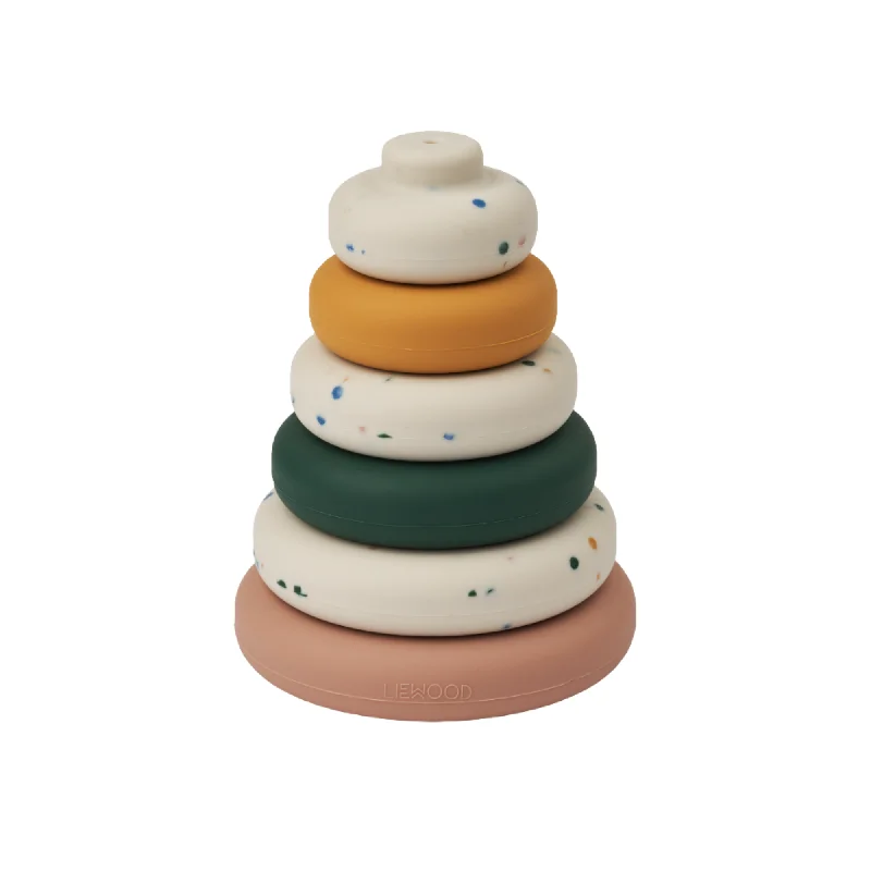 Wooden Puzzle for earthy games-Liewood Dag Printed Stacking Tower - Splash Dots / Sea Shell