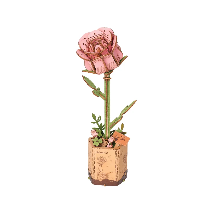 Wooden Puzzle for care games-3D Wooden Flower Puzzle: Pink Rose