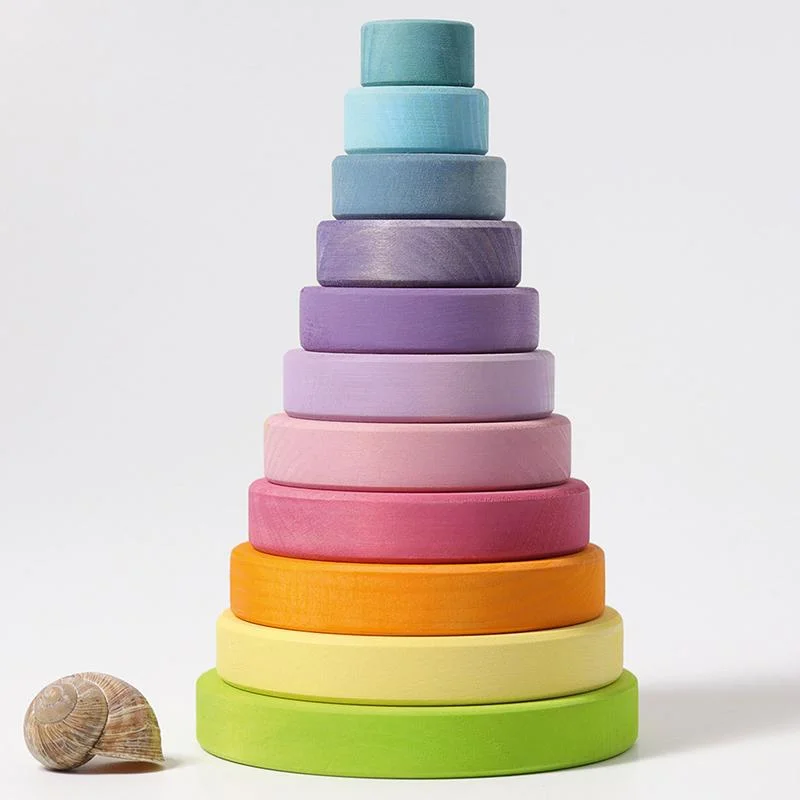 Wooden Puzzle for prehistoric play-Conical Stacking Tower Large Pastel