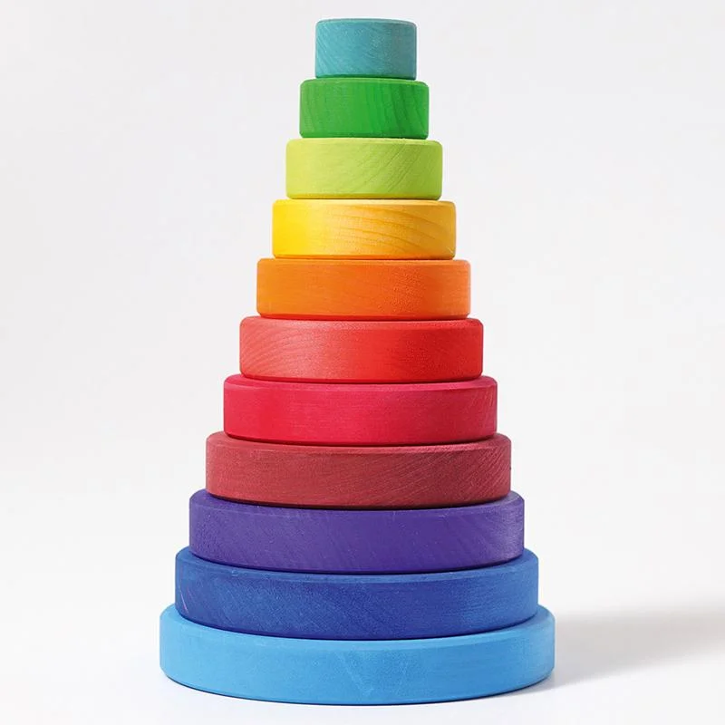 Wooden Puzzle for slithery shapes-Conical Stacking Tower Large Rainbow