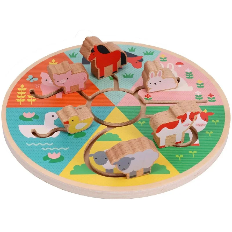 Wooden Puzzle for earthy play-Petit Collage Farm Animals Wooden Sliding Maze Red