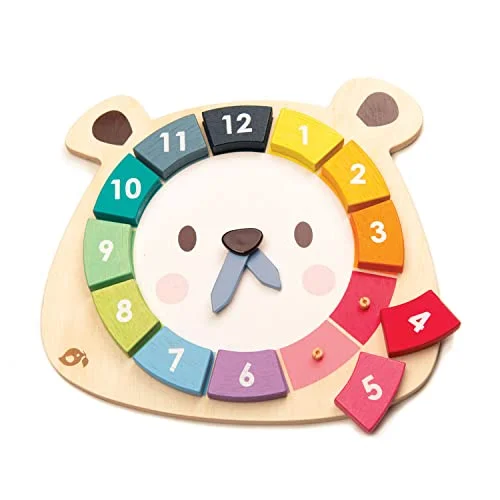 Wooden Puzzle for safari trips-Tender Leaf Toys - 12 Pcs Bear Colors Clock, Early Learning Time, Educational Learning Clock Toy - Wooden Clock, Lovely Shapes - Cognitive Toy for Kids