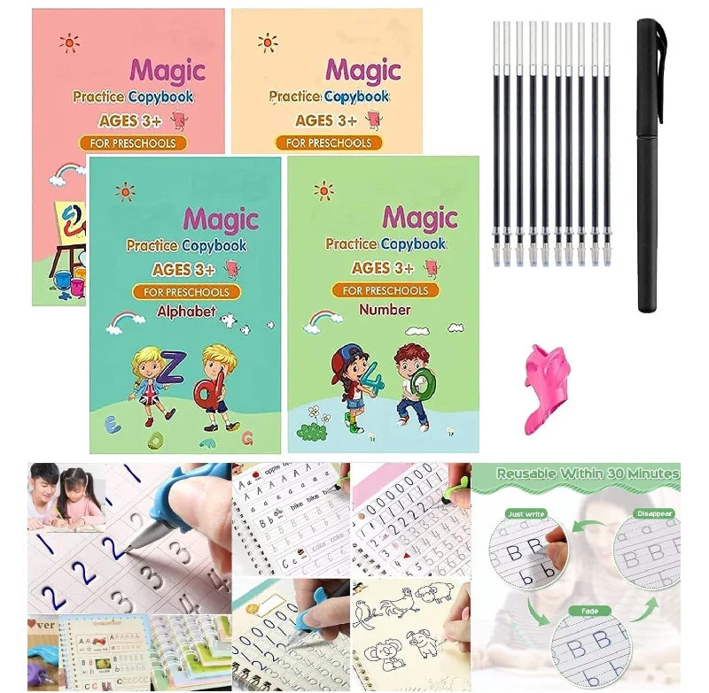 Interactive Books for quiet time-Sank Magic Reusable Practice Copy Book for Kids (Pack of 4)